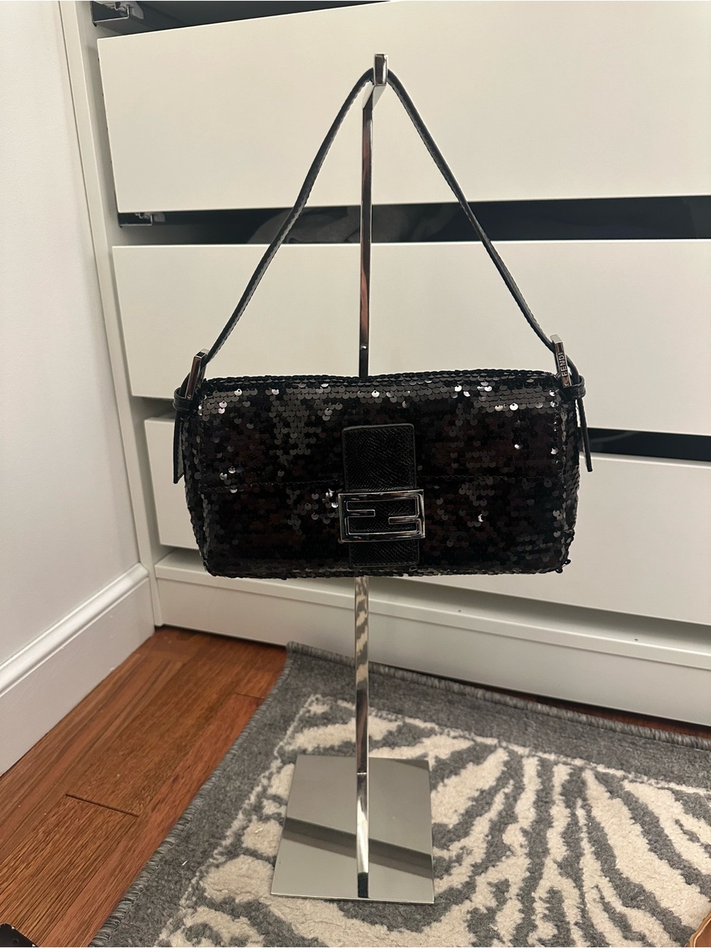 Black Sequin Shoulder Bag with FF Clasp